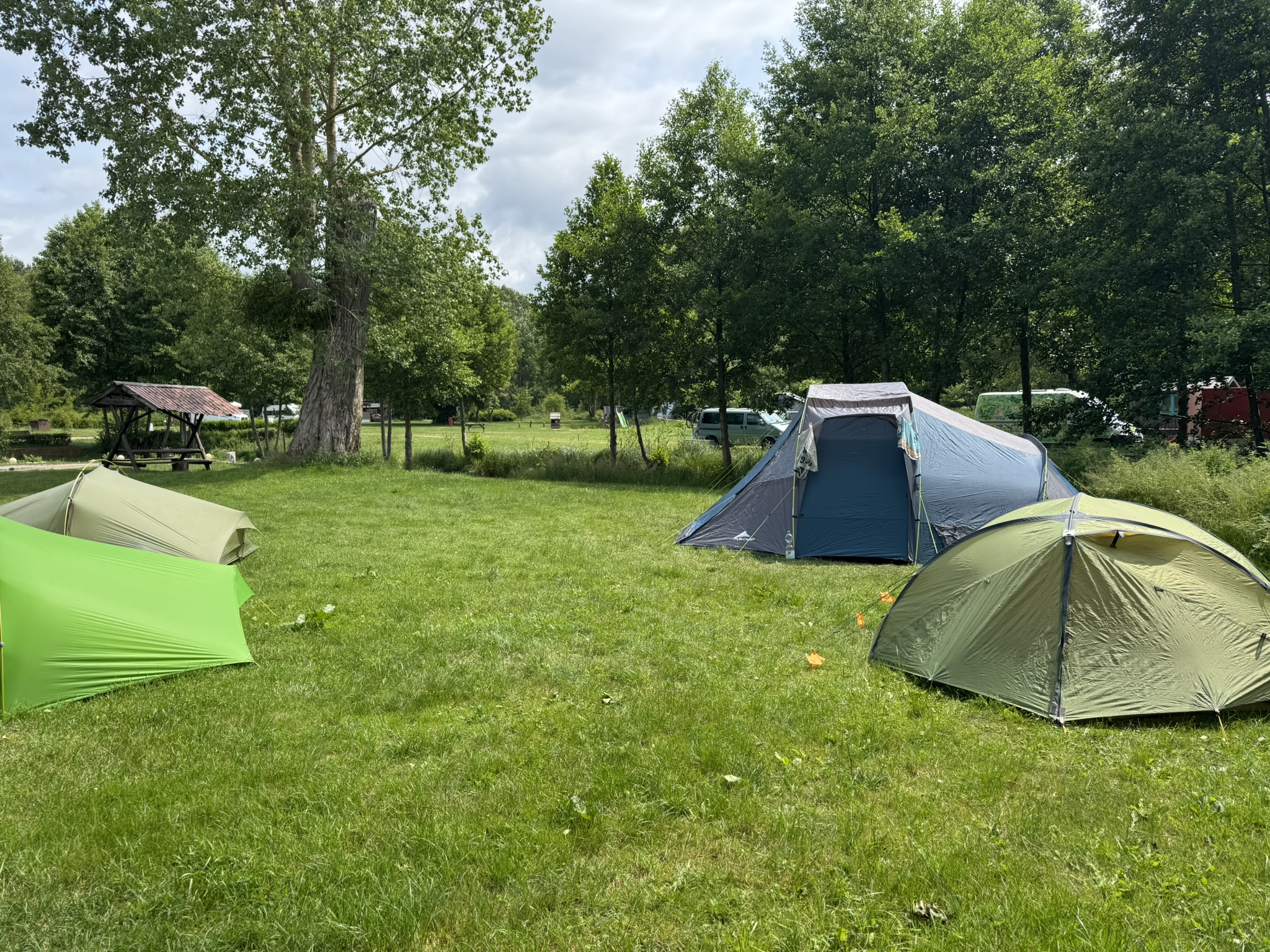 Zeltwiese mit mehreren Zelten darauf